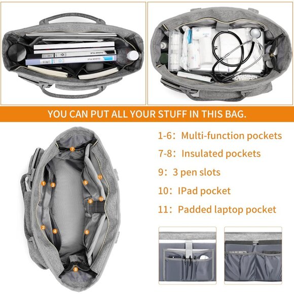 Grey Middle Size Computer Messenger Laptop Tote with 15.6'' Padded Laptop Sleeve - Picture 2 of 6